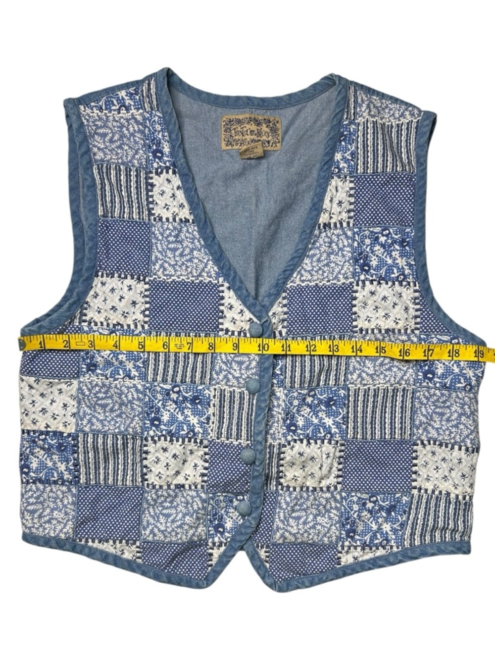 Vintage Tonal Blues Patchwork Denim Vest Quilted Western Boho Sz L - Picture 7 of 8